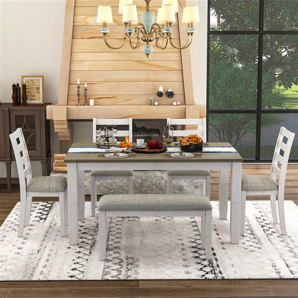 Rustic Style 6-Piece Dining Room Table Set with 4 Upholstered Chairs & a Bench (Brown + Whitewash)