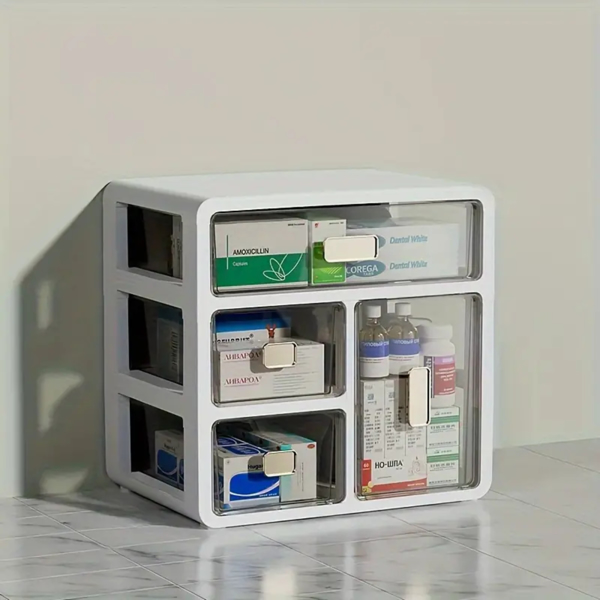 Drawer-Type Plastic Storage Box Organizer/Medicine Box-Multifunctional Storage Container,Family Medicine Box Organizer,Organize Medications,Cosmetics,Office Items,Etc, Easy Access(White)