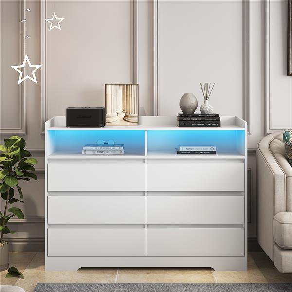 6 Drawer Dresser, White Dresser for Bedroom with LED Lights, Modern Dressers & Chests of Drawers with Sturdy Frame for Living Room, Entryway, Hallway