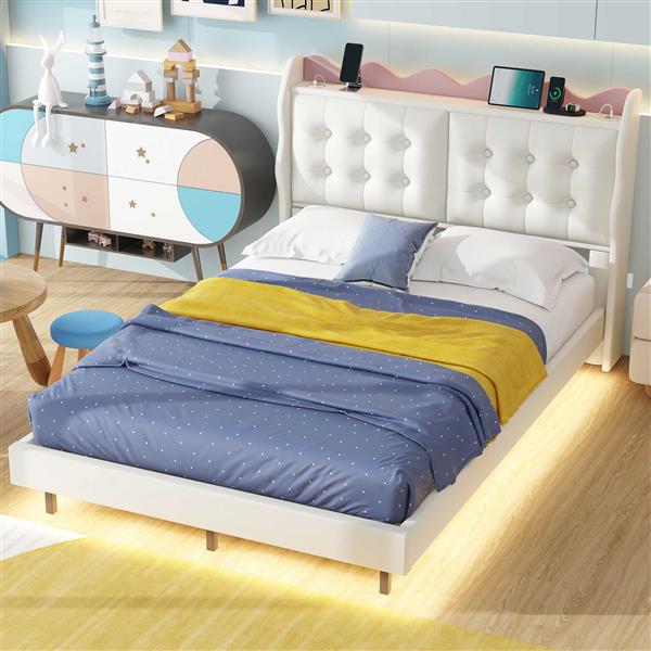 Full Size Upholstery Platform Bed Frame with LED Light Strips,Headboard Storage Space and Two USB Charging Deisgn,Beige