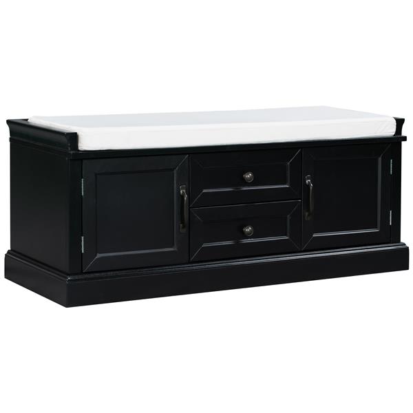 Storage Bench with 2 Drawers and 2 Cabinets, Shoe Bench with Removable Cushion for Living Room, Entryway (Black)