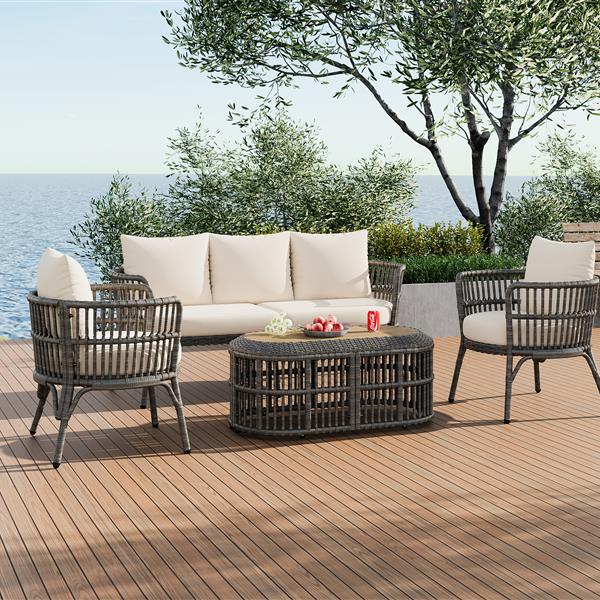 4-Piece Rattan Outdoor Patio Conversation Set with Seating Set for 5 and Coffee Table for Porch, Backyard and Garden (Grey)