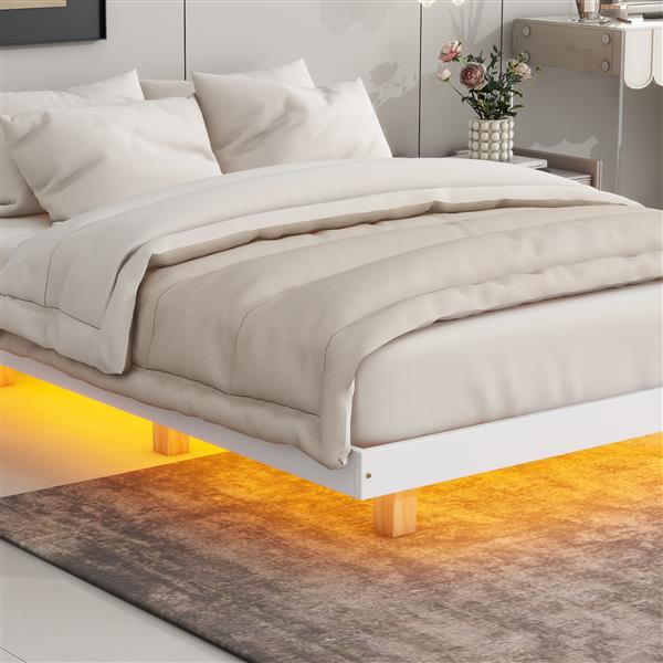 Full Size Floating Bed with LED Lights Underneath,Modern Full Size Low Profile Platform Bed with LED Lights,White