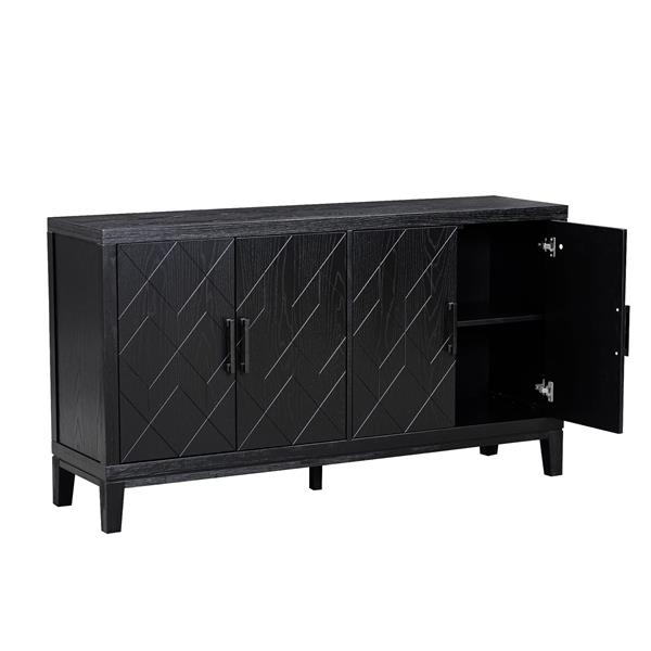 4-door Retro Sideboard with Adjustable Shelves, Two Large Cabinet with Long Handle, for Living Room and Dining Room (Black)