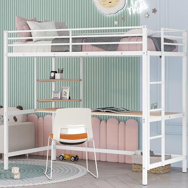 Twin Metal Loft Bed with Desk and Shelve,White