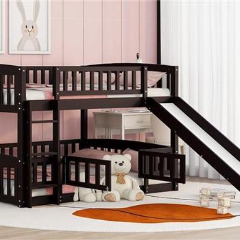 Bunk Bed with Slide,Full Over Full Low Bunk Bed with Fence and Ladder for Toddler Kids Teens Espresso