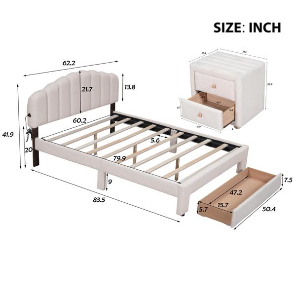 Teddy Fleece Queen Size Upholstered Platform Bed with 1 Nightstand, Beige