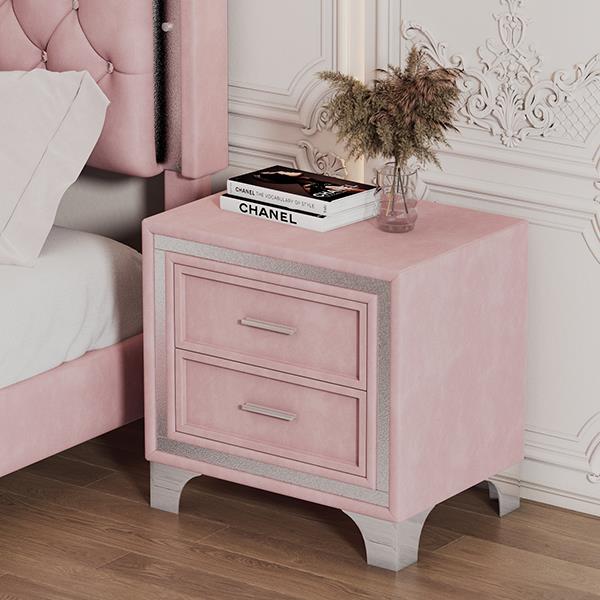 Mid Century Vintage Nightstand with Metal Legs for Bedroom, Velvet Bedside Table with 2 Drawers, Fully Assembled Except Legs and Handles, Pink