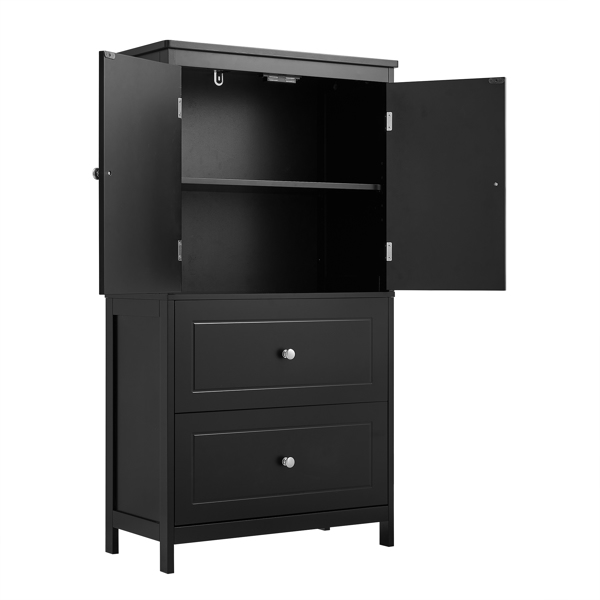 Bathroom Storage Cabinet, Cabinet with Two Doors and Drawers, Adjustable Shelf, MDF Board, Black 