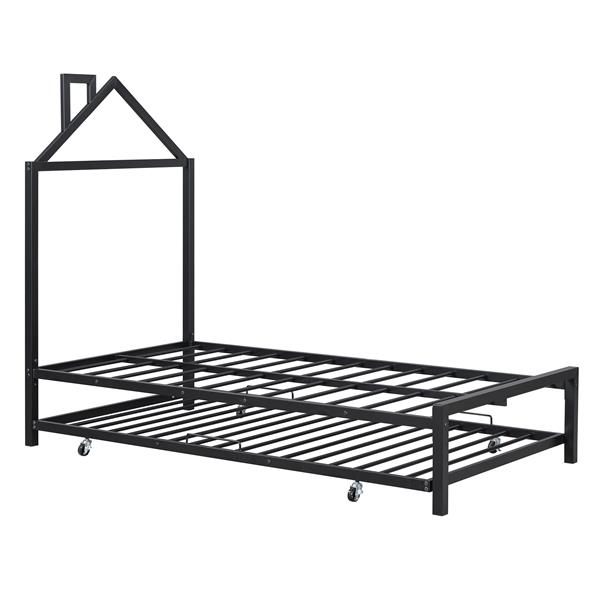 Twin Size Metal Platform Bed with twin size trundle,House-Shaped Headboard Design, Black