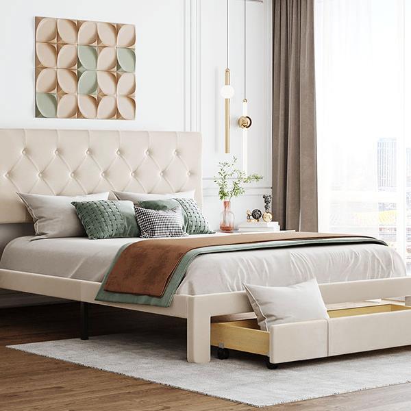 Queen Size Storage Bed Velvet Upholstered Platform Bed with a Big Drawer - Beige