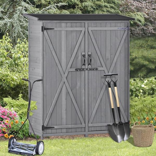 Outdoor 5.3ft Hx4.6ft L Wood Storage Shed Tool Organizer,Garden Shed, Storage Cabinet with Waterproof Asphalt Roof, Double Lockable Doors, 3-tier Shelves for Backyard, Gray