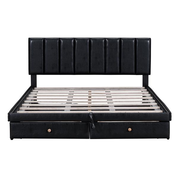 Queen Size Upholstered Bed with Hydraulic Storage System and Drawer, Black