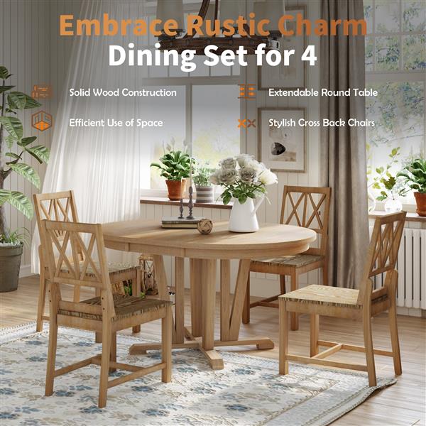 Rustic 5-Piece Extendable Dining Table Set Round Trestle Table and 4 Cross Back Dining Chairs for Kitchen, Dining Room, Natural