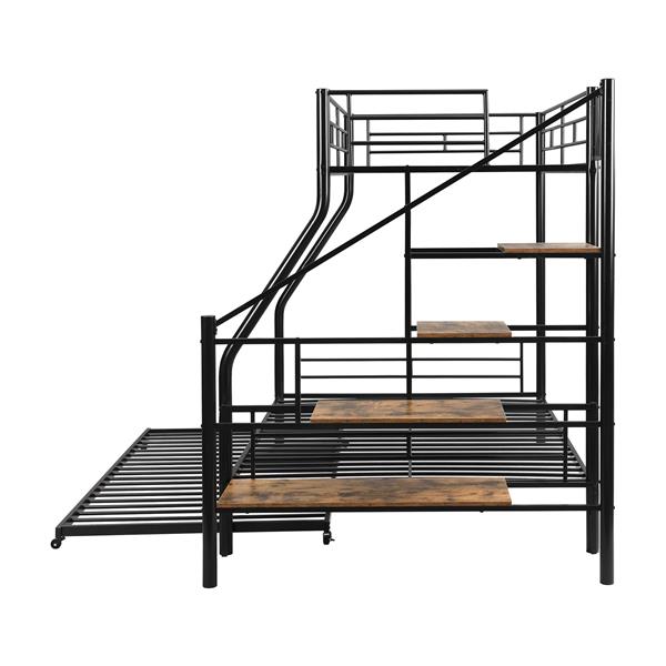 Twin over Full Size Metal Bunk Bed with Trundle and Storage Staircase, Black