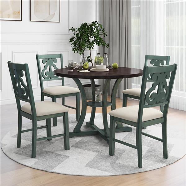 5-Piece Round Dining Table and 4 Fabric Chairs with Special-shaped Table Legs and Storage Shelf (Antique Blue/ Dark Brown)