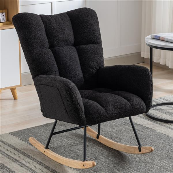 Rocking Chair with Pocket, Soft Teddy Fabric Rocking Chair for Nursery, Comfy Wingback Glider Rocker with Safe Solid Wood Base for Living Room Bedroom Balcony (black)