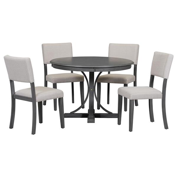 5-Piece Retro Round Dining Table Set with Curved Trestle Style Table Legs and 4 Upholstered Chairs for Dining Room (Dark Gray)