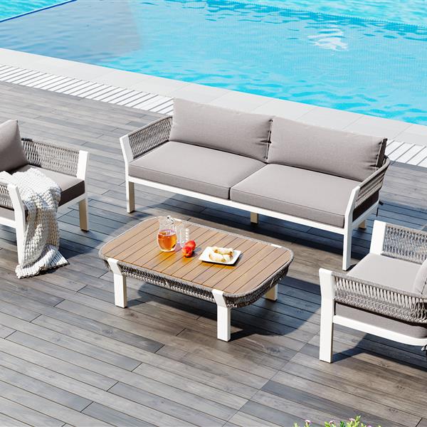 4-Piece Outdoor Patio Conversation Set with Coffee Table and Soft Waterproof Cushions for Garden, Poolside and Backyard(Brown Rope+Brown Gray Cushion)