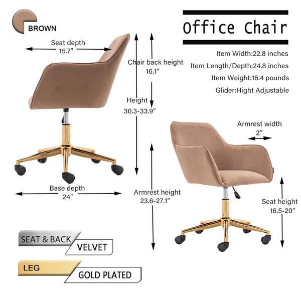 002-Velvet Fabric Adjustable Height 360 revolving Home Office Chair with ld Metal Legs and Universal Wheels for Indoor,Light Coffee