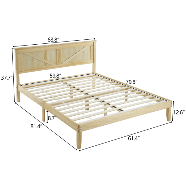 Queen Size Solid Wood Platform Bed Frame with Headboard natural