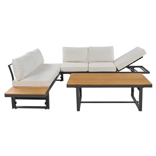 3-Piece Modern Multi-Functional Outdoor Sectional Sofa Set with Height-adjustable Seating and Coffee Table for Patio, Garden and Backyard (Beige)