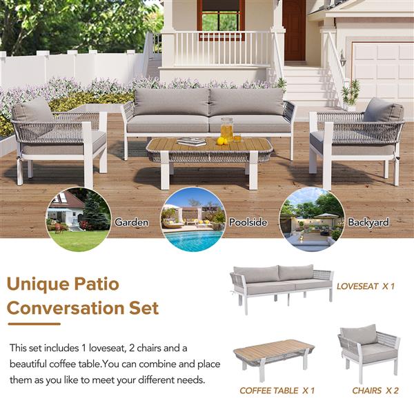 4-Piece Outdoor Patio Conversation Set with Coffee Table and Soft Waterproof Cushions for Garden, Poolside and Backyard(Brown Rope+Brown Gray Cushion)