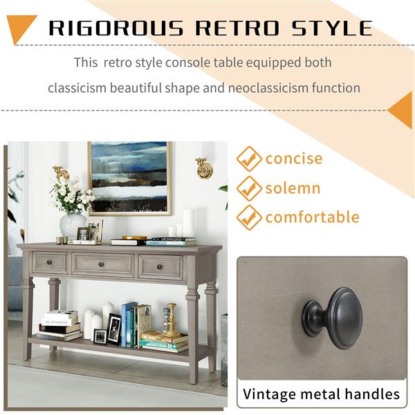 Classic Retro Style Console Table with Three Top Drawers and Open Style Bottom Shelf, Easy Assembly (Gray Wash)