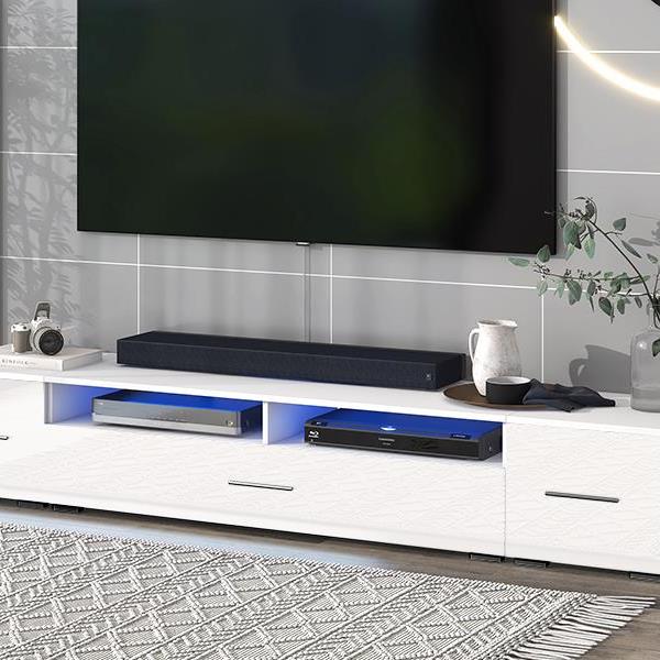 Extended, Minimalist Design TV stand with Color Changing LED Lights, Modern Universal Entertainment Center, High Gloss TV Cabinet for 90+ inch TV, White