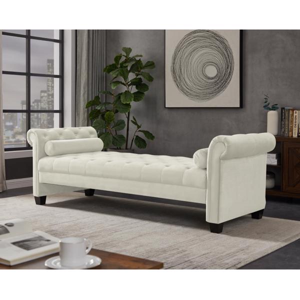 Ivory, Solid Wood Legs Velvet Rectangular Sofa Bench with Attached Cylindrical Pillows