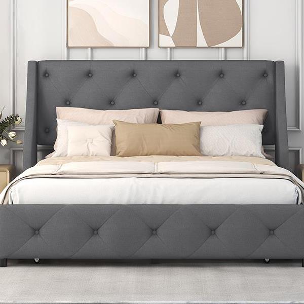 Upholstered Platform Bed with Wingback Tufted Headboard and 4 Drawers, No Box Spring Needed, Linen Fabric, Queen Size Gray