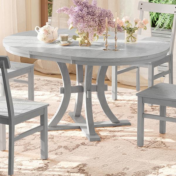 5-Piece Rustic Round Pedestal Extendable Dining Table Set with 15.7" Removable Leaf and Simple Dining Chirs for Small Places, Gray