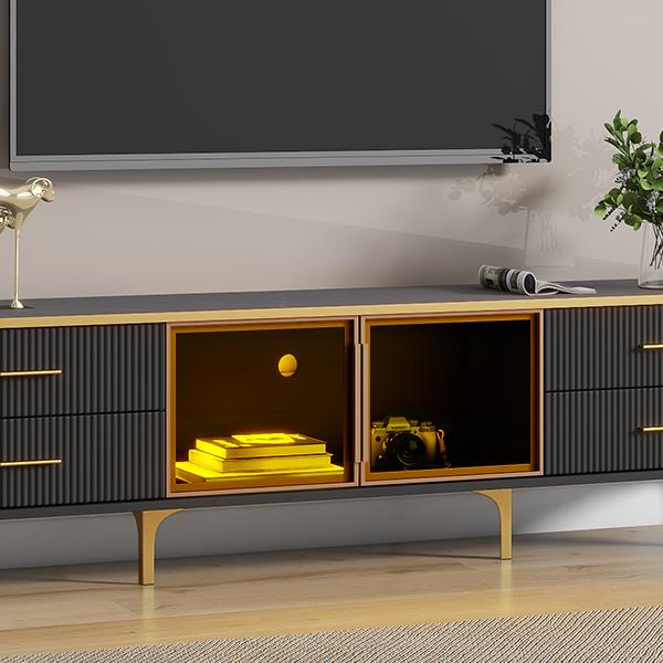 Stylish LED TV Stand with Marble-veined Table Top for TVs Up to 78'', Entertainment Center with Brown Glass Storage Cabinet, Golden Legs & Handles for Living Room, Black