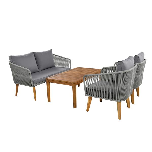 4-Piece Patio Conversation Set, Solid Wood Loveseat, 2 Chairs and Table, Outdoor Conversation Group with Cushions for Backyard, Poolside, Garden (Dark Grey Cushion + Grey Rope)