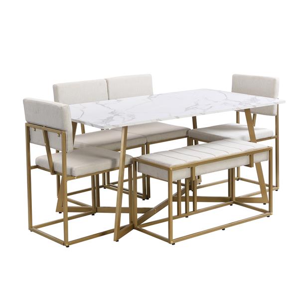 Modern Faux Marble 6-Piece Dining Table Set,60inch Metal Kitchen Table Set with Upholstered Dining Chairs and Bench, Golden