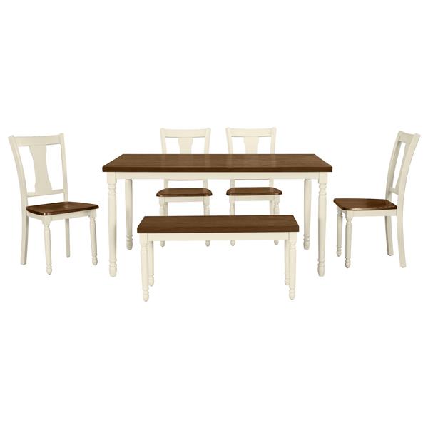 Classic 6-Piece Dining Set Wooden Table and 4 Chairs with Bench for Kitchen Dining Room (Brown+Cottage White)