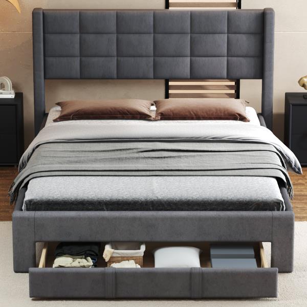 Queen Size Upholstered Platform Bed with A Big Drawer, Gray