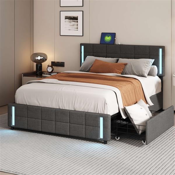 Queen Size Upholstered Platform Bed with LED Lights and USB Charging, Storage Bed with 4 Drawers, Gray(Linen)