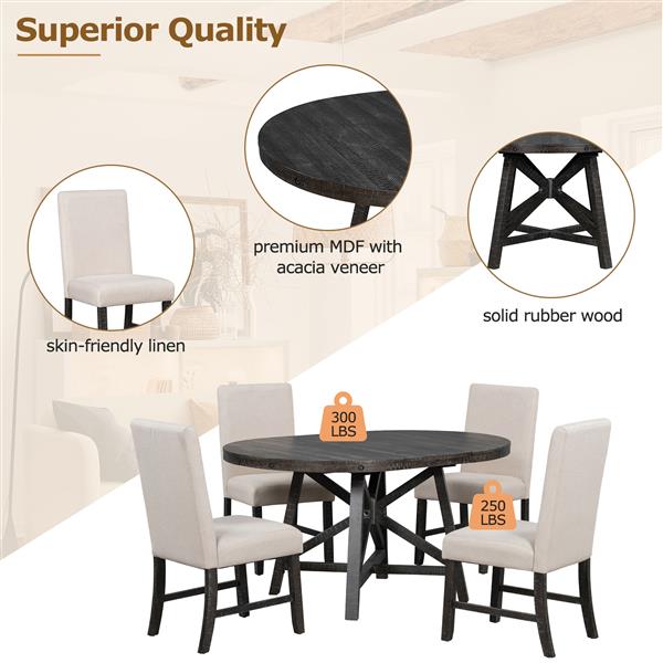 5-Piece Retro Functional Dining Set with Extendable Round Table with Removable Middle Leaf and 4 Upholstered Chairs for Dining Room and Living Room (Black)