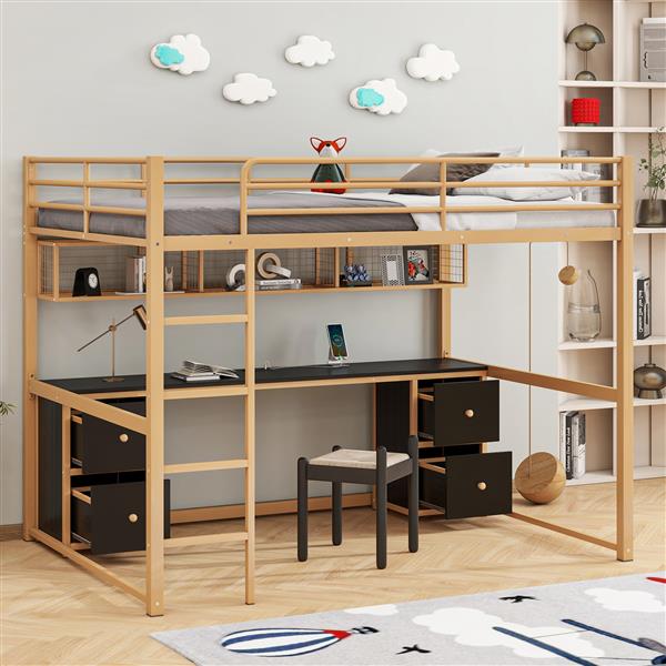 Full Size Metal Loft Bed with Desk, Drawers and Bedside Tray, Charging Station, USB and socket