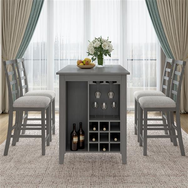 5-Piece Multi-Functional Rubber Wood Counter Height Dining Set with Padded Chairs and Integrated 9 Bar Wine Compartment, Wineglass Holders for Dining Room (Gray)