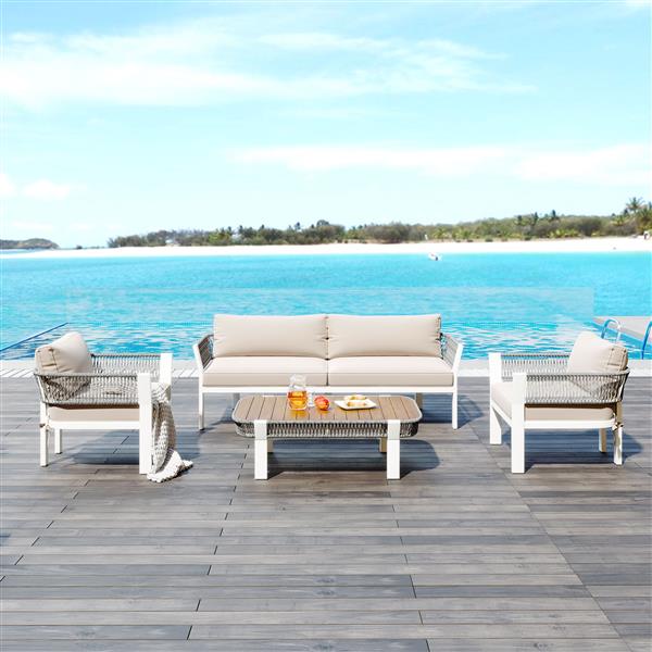 4-Piece Outdoor Patio Conversation Set with Coffee Table and Soft Waterproof Cushions for Garden, Poolside and Backyard(Gray Rope+Beige Cushion)