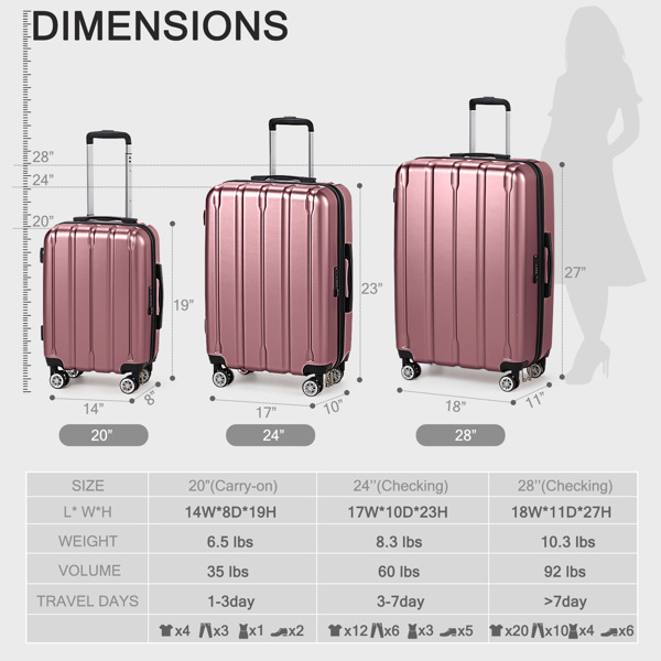 FCH 3-in-1 suitcase vertical stripes trolley case 20in 24in 28in ABS PC fashion color 02-wine red