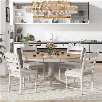 5-Piece Retro Functional Dining Table Set Wood Round Extendable Dining Table and 4 Upholstered Dining Chairs (Off White)