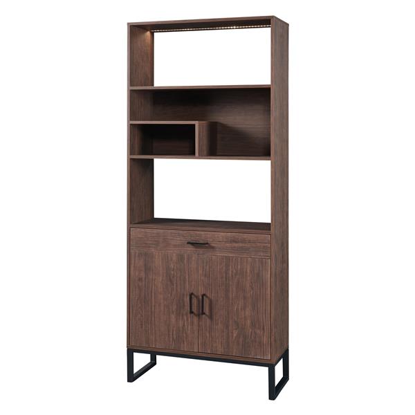 75.9"Modern Open Bookshelf with Doors, Bookcase with Storage drawer and LED Strip Lights,Free Standing Display Rack,Wooden Tall Bookshelf for Living Room and Office, Walnut