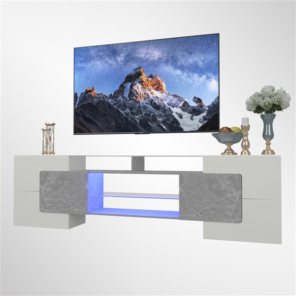 [Video] TV Console with Storage Cabinets, Long LED TV Stand Full RGB Color Selection, 31 Modes Changing Lights Modern Entertainment Center with 2 Tempered Glass Shelves (Grey/White, for 80 inches)