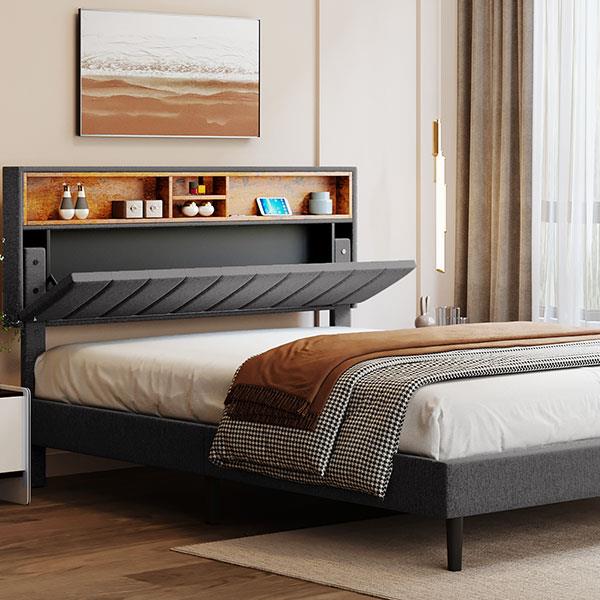 Queen Size Upholstered Platform Bed with Storage Headboard and USB Port,  Linen Fabric Upholstered Bed (Gray)