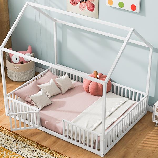 Full Size Metal House Bed with Fence and Door, White