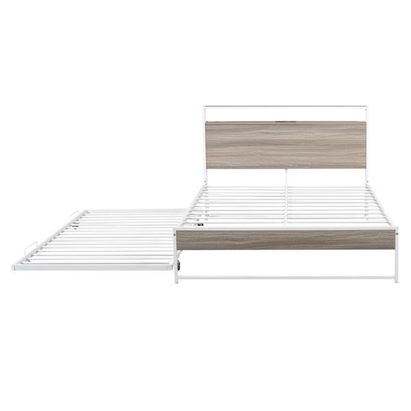 Full Size Metal Platform Bed Frame with Trundle, USB Ports and Slat Support ,No Box Spring Needed White