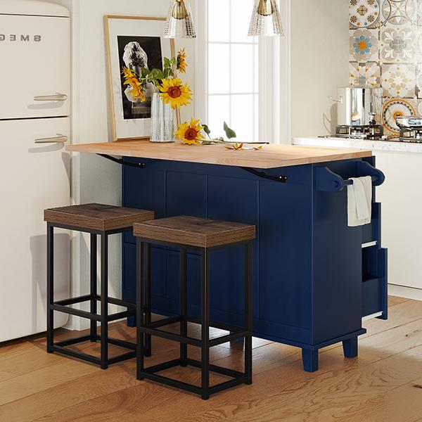 Farmhouse Kitchen Island Set with Drop Leaf and 2 Seatings,Dining Table Set with Storage Cabinet, Drawers and Towel Rack, Blue+Black+Brown